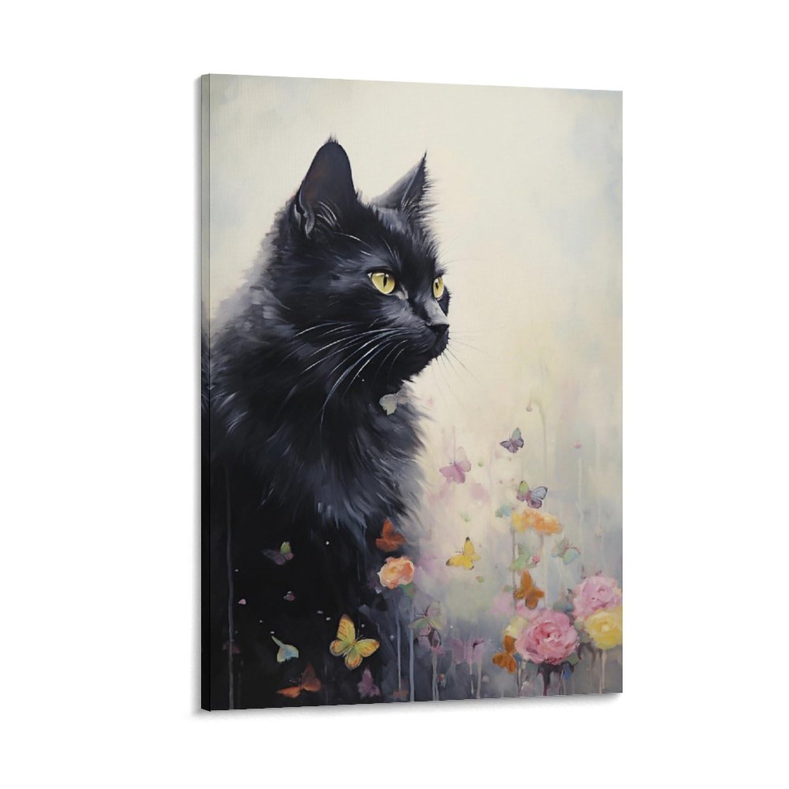 FOCCAR Cute Kitten Printed Canvas Posters Watercolor Retro Animal Black Cat Wall Decor for Living Rooms Bedroom Wall Art