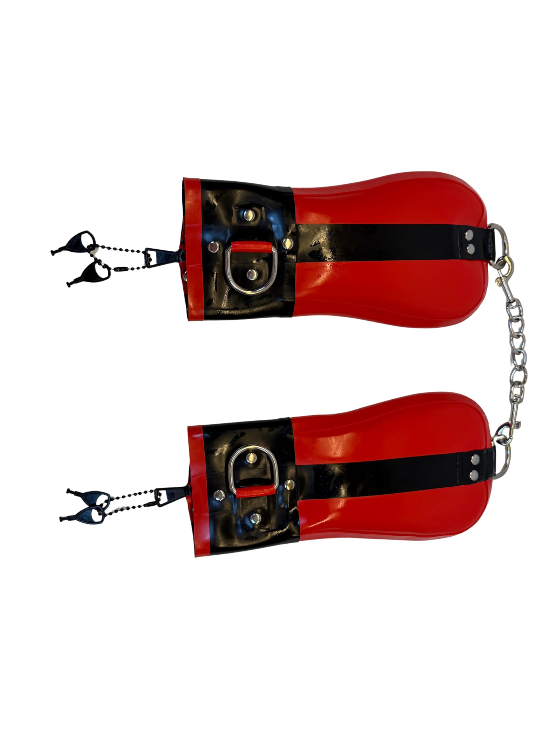 VHP Latex Handfesseln – Bondage Mitts – 1mm Echtlatex – Reißverschluss – Metallkette – BDSM – Rot/Schwarz – Größe M