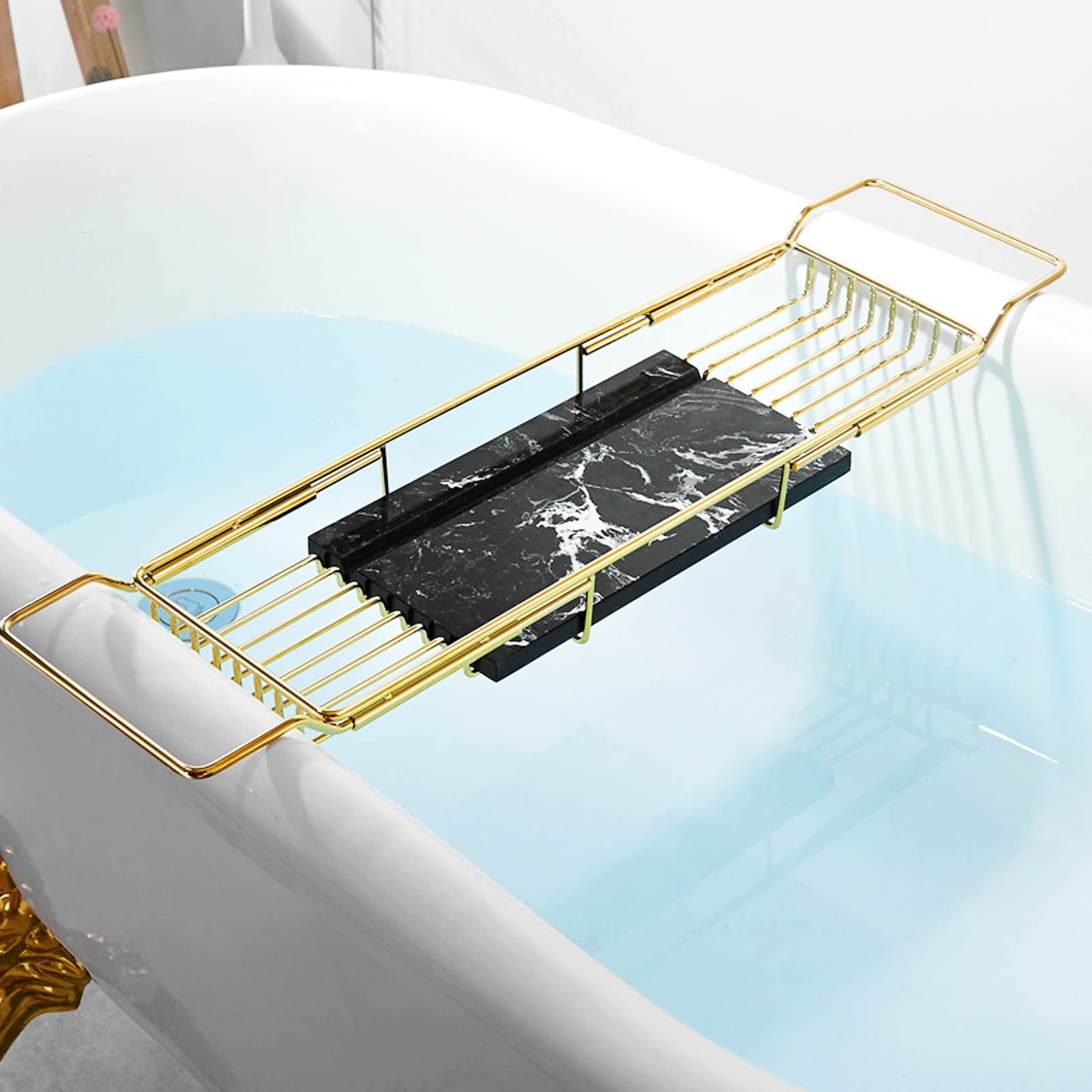 JKJZSALJ Bath Traybathtub Caddy Tray For Luxury Bath, Expandable Polished Stainless Steel Brackets, Marble Tray For Bathroom, Laptop Reading And Organizer Bathtub Table Ideal For