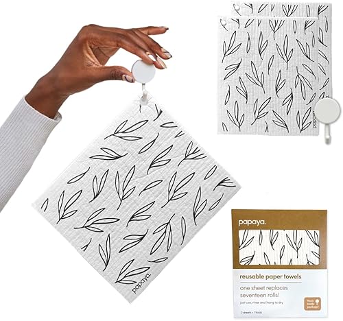 Papaya Reusable Paper Towels, Premium Swedish Dishcloths with Hook, Non-Scratch Reusable Paper Towel, 1 Sheet Replaces 17 Rolls - 2 Sheets, 1 Hook