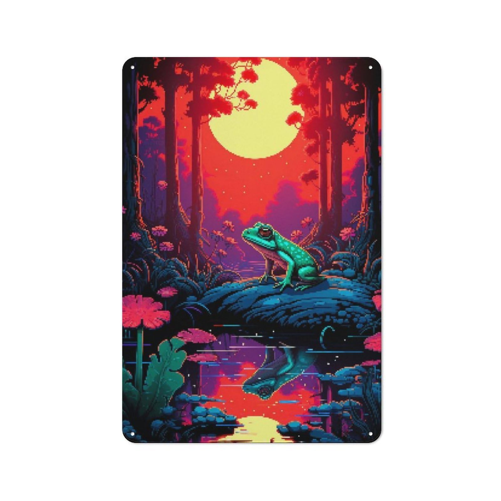 Junmoney Sunset Frog Pixel Art Metal Wall Sign With Design 30X20cm, Clean Industrial Studio Wall Art For Loft, Studio, Office Or Creative Room
