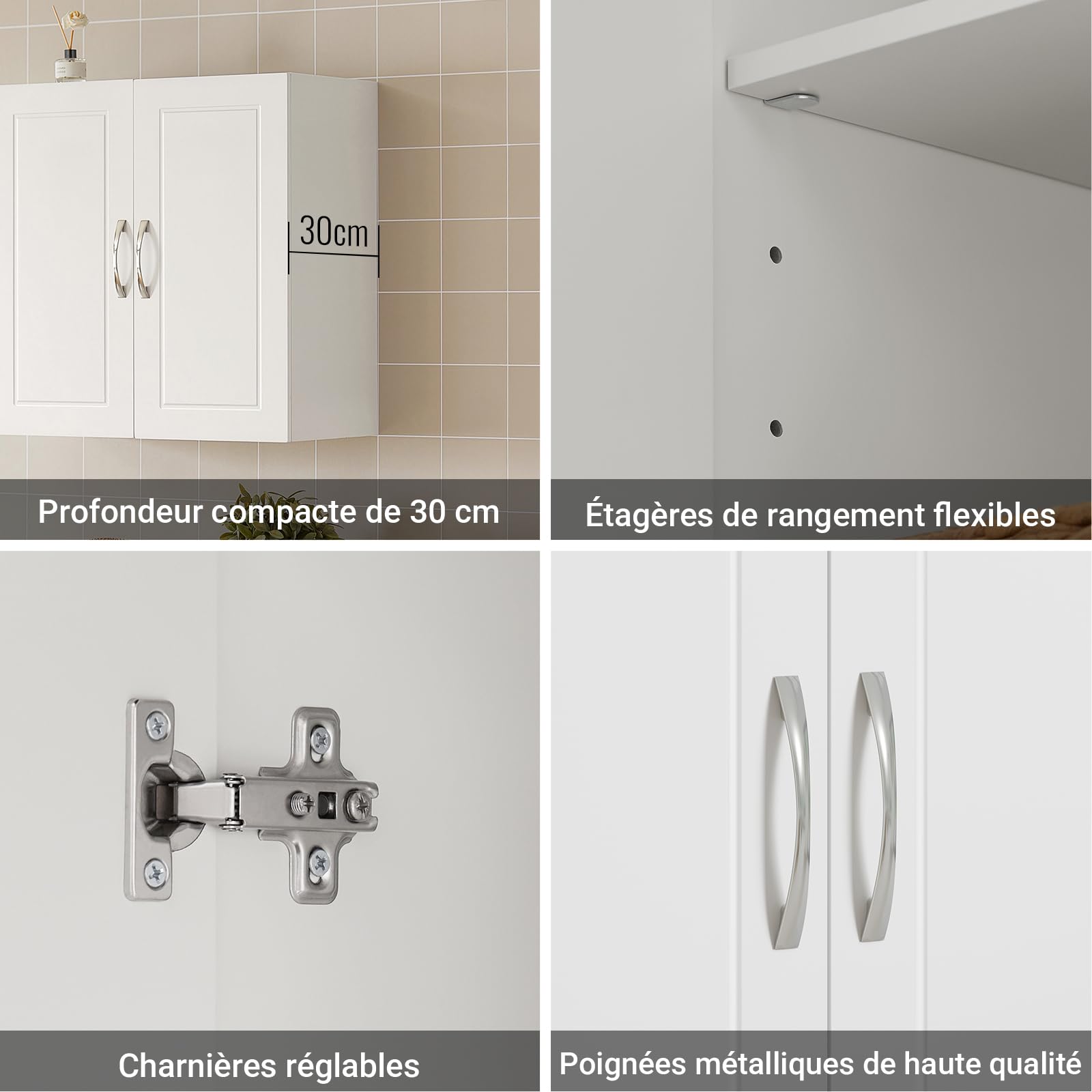 SoBuy Meuble Haut Cuisine Compact avec 2 Portes, Placard Cuisine Mural Petit Format, Armoire Murale & Armoire Suspendu pour Cuisine, Meuble Mural de Rangement, Charge 36kg, Blanc, 60x30x60cm, FRG231-W