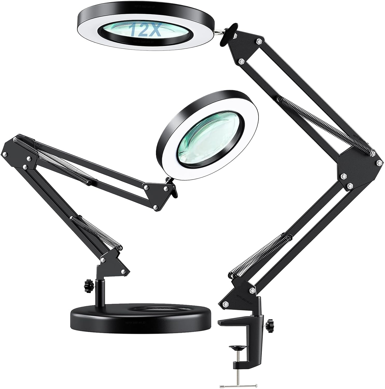 HITTI 12X Magnifying Glass with Light Hands Free, 2026 Upgrade Stepless Dimming Desk Lamp & Clamp, 2-in-1 LED Lighted Magnifier Stand for Craft Reading Fly Tying(12X Online Switch Ring Base & Clamp)