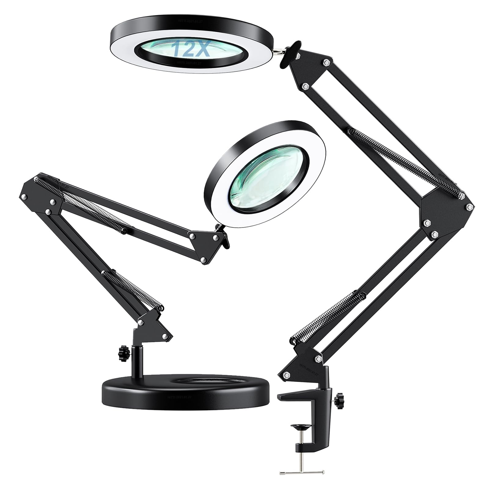 HITTI 【Upgraded】 12X LED Magnifying Lamp, 1,800 Lumens Stepless Dimmable, 3 Color Modes, 8-Diopter 4.2″ Real Glass Lens Magnifier Desk lamp, Magnifying Light and Stand for Crafts Reading Close Work
