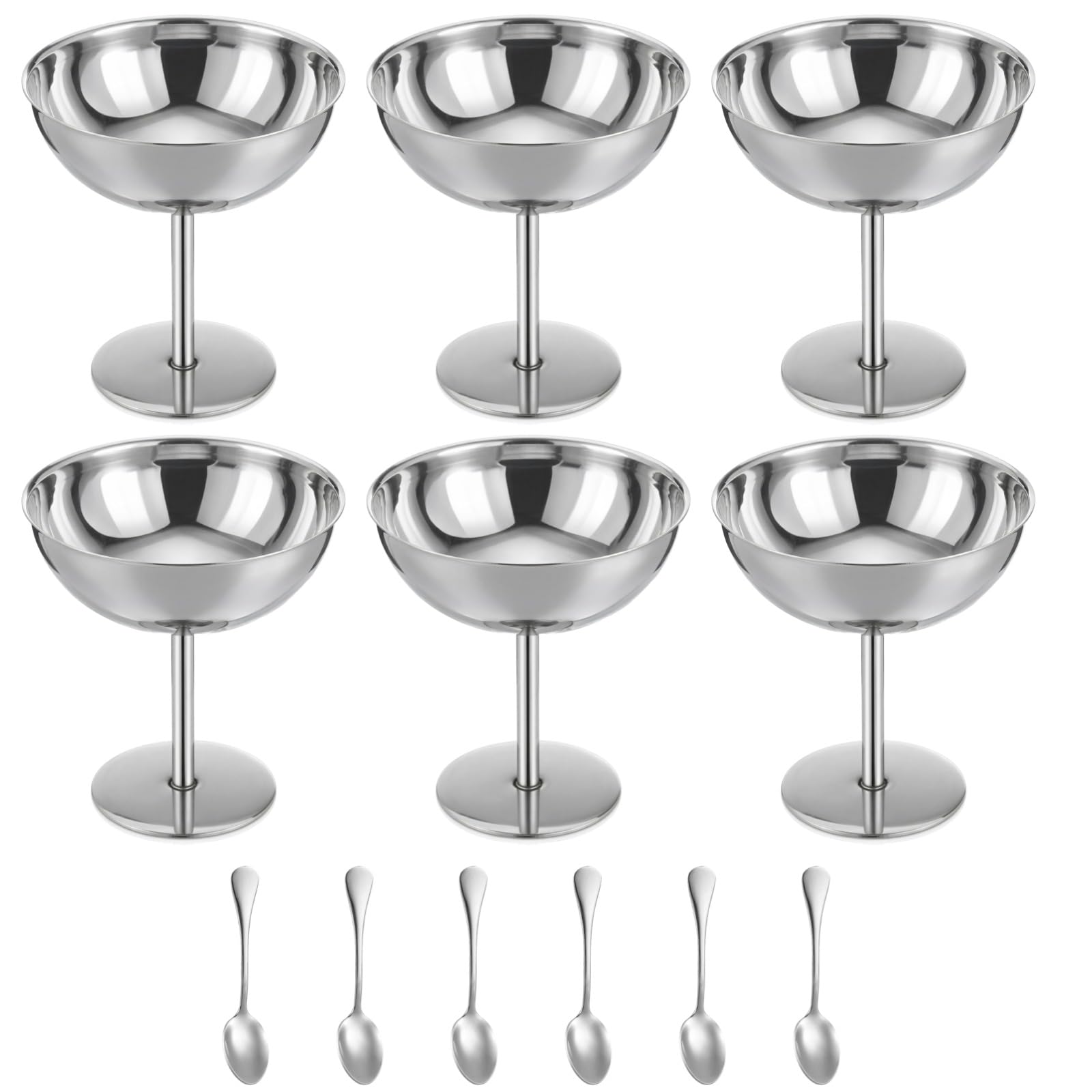 6 Stk. Eisbecher aus Edelstahl mit Löffeln, 6,8 Fl Oz Dessertschalen mit hohem Stiel, silberne Metalldessertbecher für Partys, Bankette, Familienfeiern und Restaurants