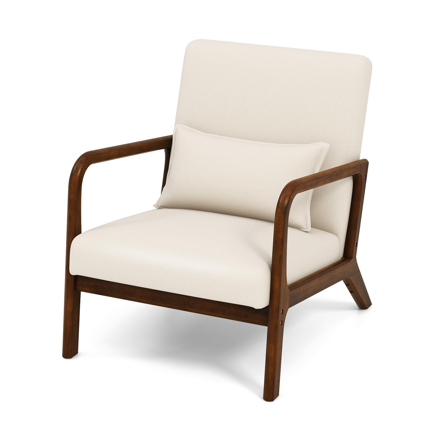 GIANTEX Mid Century Accent Chair, Innere Freizeit Stuhl mit gepolstertem Sitz & Rücken, gepolstert Gummi Holz Sessel mit Lendenkissen, Lounge Stuhl für Schlafzimmer (Beige)