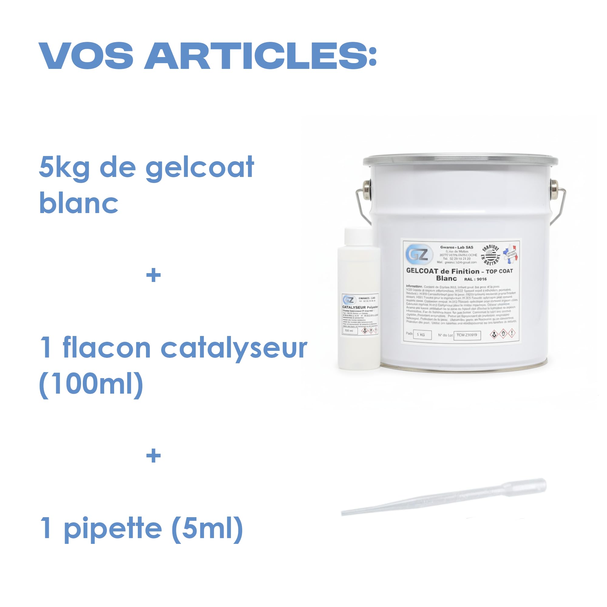 Gelcoat Blanc 5 Kg pour Bateau + Catalyseur + Pipette de Dosage