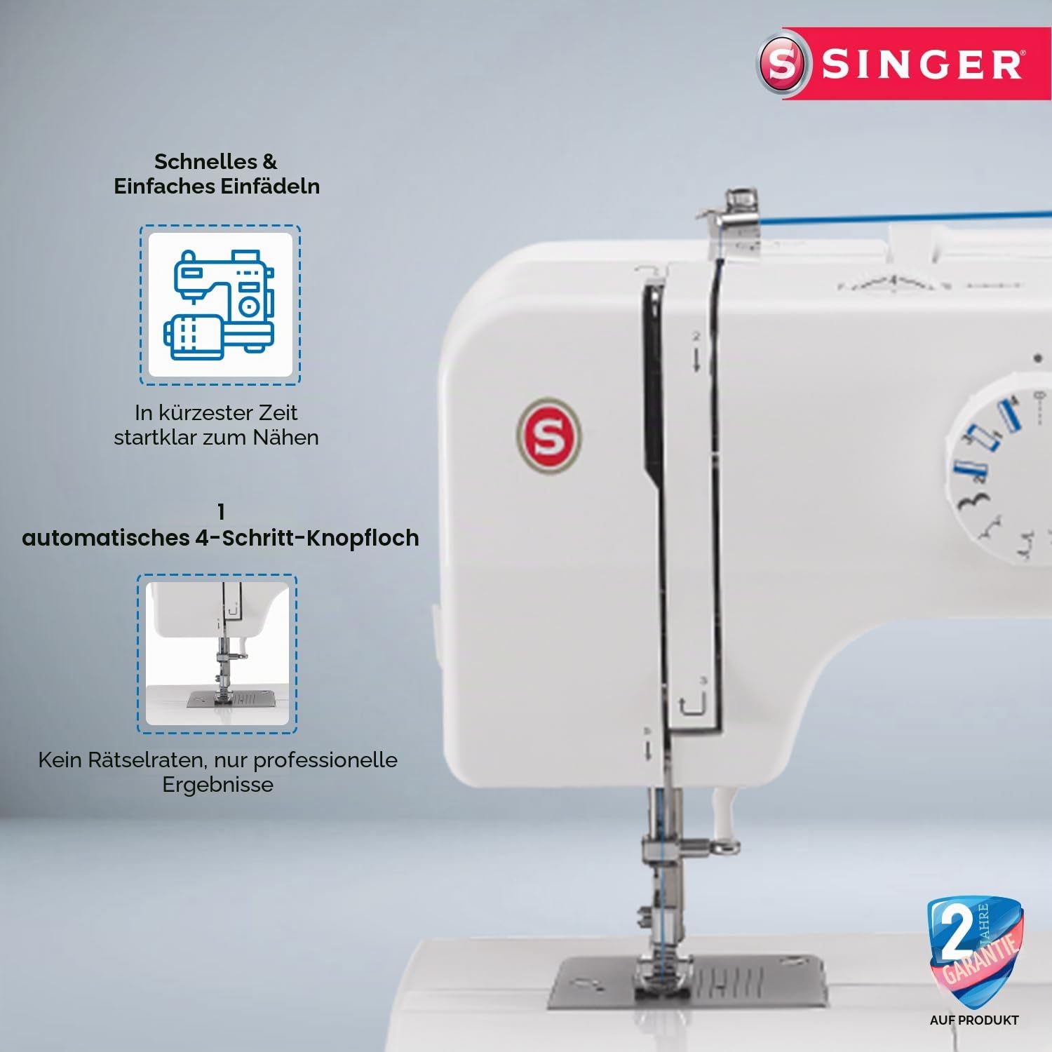 Singer Nähmaschine 1409 für Anfänger - 15 Nähvorgänge, 4-Stufen-Öse, Stichlängeneinstellung und einstellbare Zick-Zack-Breite, Rückwärtshebel, Freiarm, inklusive Softcover - Singer Nähmaschine