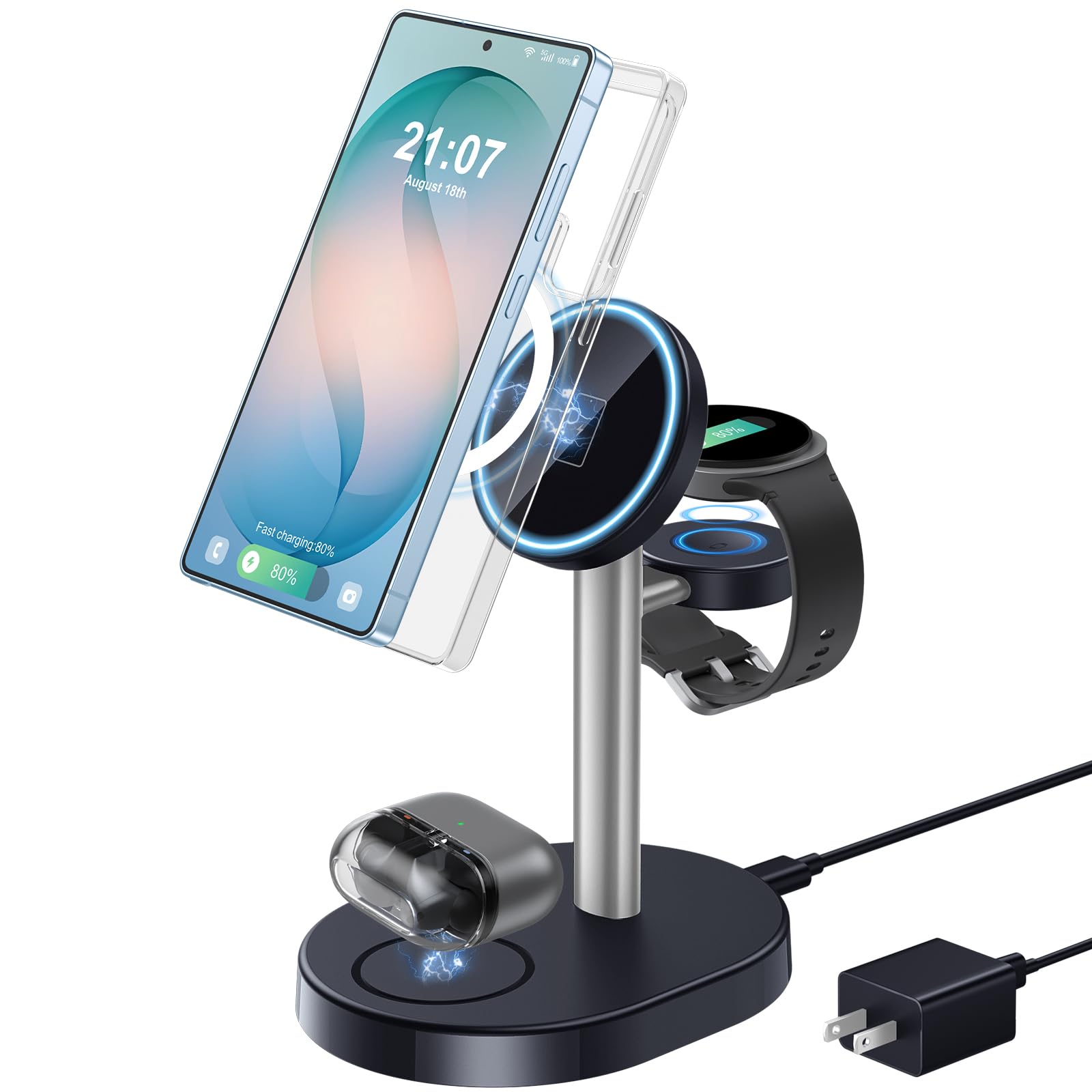 Caricabatterie wireless 3 in 1 per Samsung Galaxy, stazione di ricarica magnetica super veloce da 15 W per MagSafe Samsung Galaxy S26 Ultra S25 S24 Z Fold Flip 8 Watch 8 7 Buds, DeepSliver non per