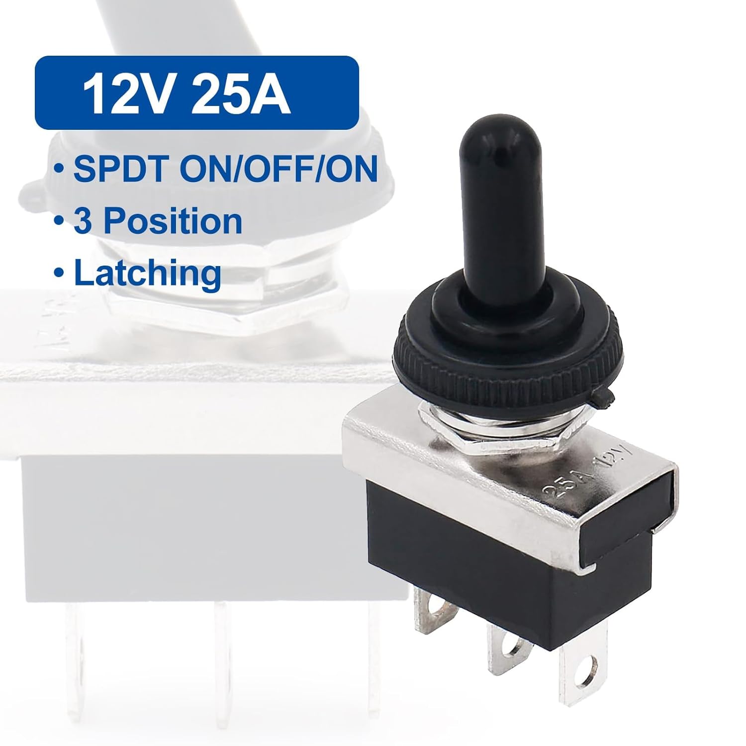 Baomain 10-Pack Waterproof Toggle Switch ON-Off-ON SPDT 3-Pin 12V/25A DC,12mm mounting Hole,tab Terminal,for Automotive Vehicles,Boats,and Marine Applications