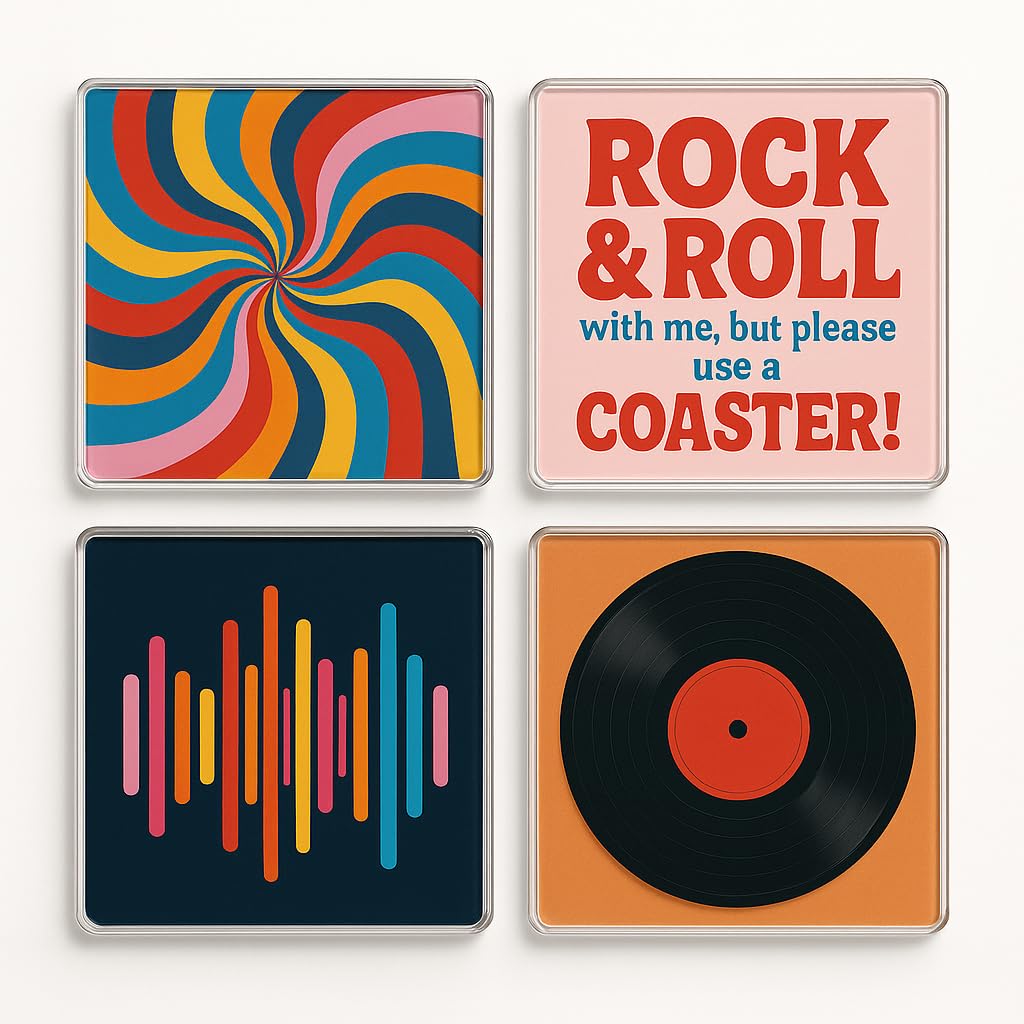 Acrylic Coaster Pack of 4 with Vibrant Retro Music Designs - Fun Home Decor for Music Lover Gift