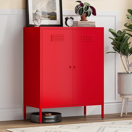 Miniatura 49 de Armarios decorativos de metal rosa con 2 estantes ajustables, armario de almacenamiento de metal de 3 niveles con patas, armarios de acero para