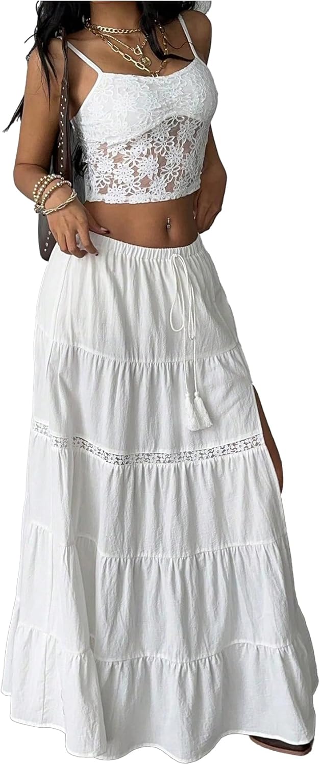 SOLY HUX Women's Flowy Maxi Skirt Tie Front Elastic Waist Lace Split Ruffle Hem Long Skirts - Image 5