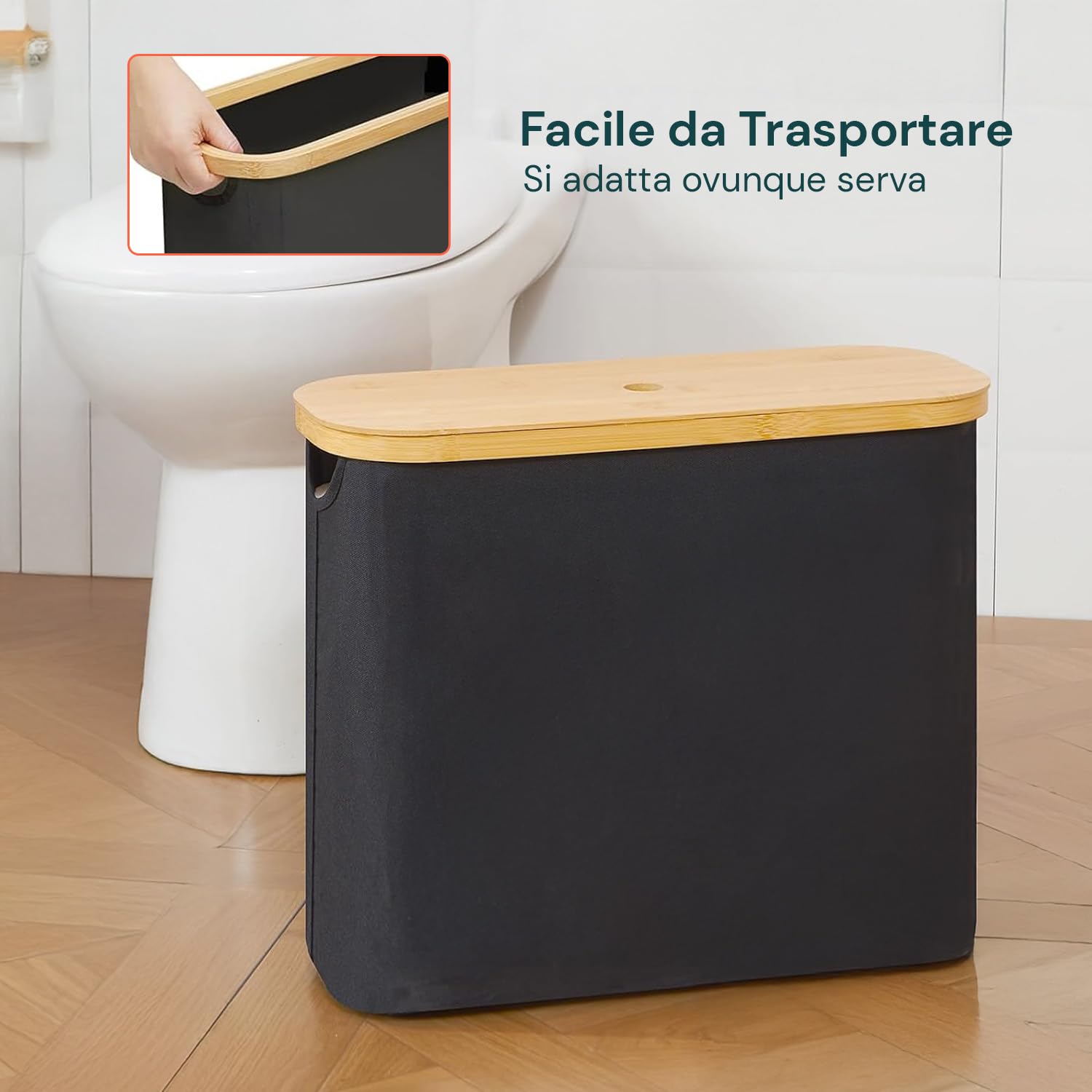 Wintem - Porta Carta Igienica in Tessuto Nero con Coperchio in Bambù Naturale, Design Elegante e Compatto per Accessori Bagno, Facile da Spostare e da Pulire, Capienza fino a 12 Rotoli