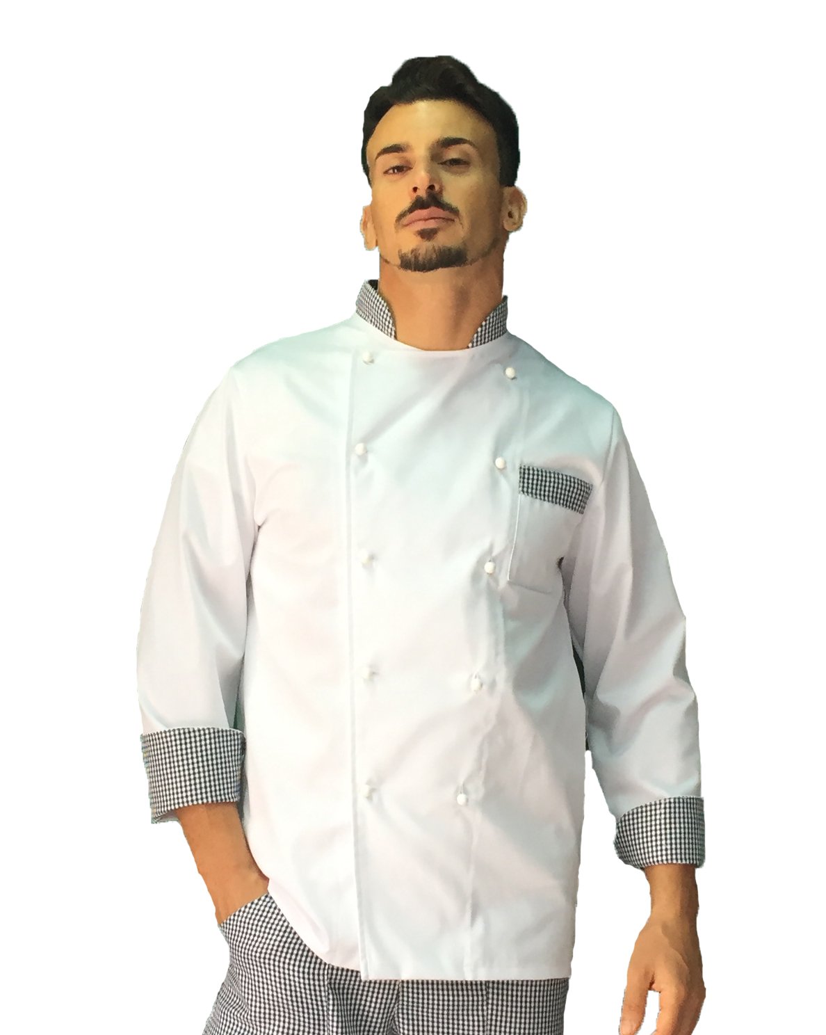 Ricamo Gratuito - Completo Cuoco Uomo - Bianco e Pied de Poule - Divisa Chef - Giacca, Pantaloni e Grembiule - 100% Cotone - Uniforme per Cucina e Ristorante