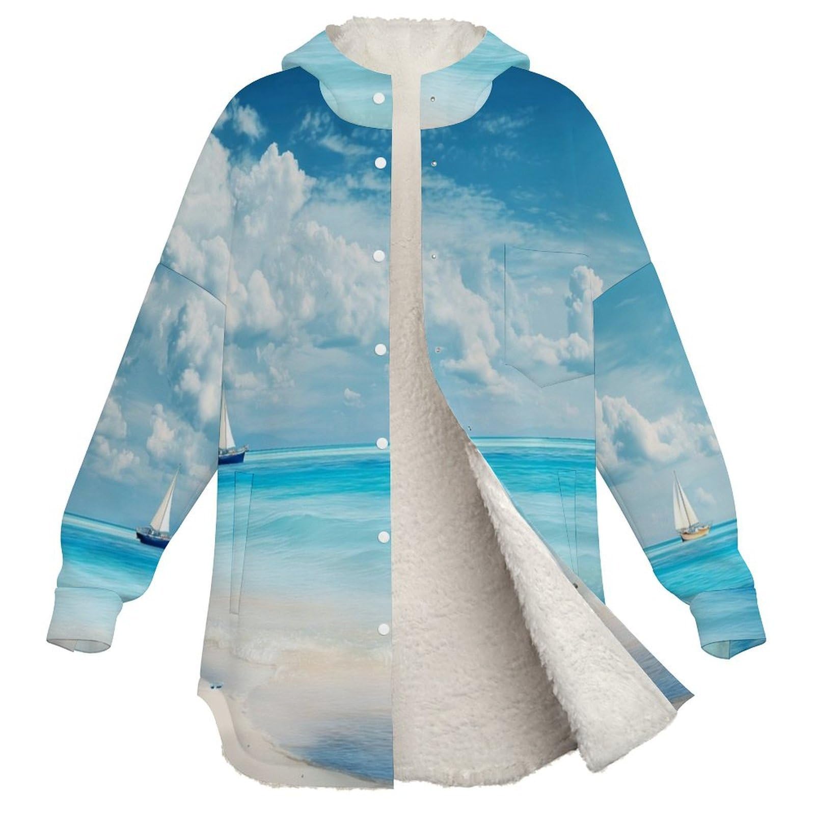 Sudadera Invierno con Capucha de Forro Polar Mujer Playa Tranquila Cálido Hoodies a Manga Larga Felpa Sudadera con Bolsillos, Azul
