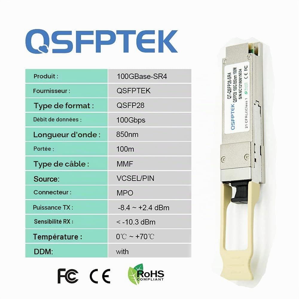 QSFPTEK 100G QSFP28 Transceiver Module MTP/MPO Multimode 100GBASE-SR4 for Cisco QSFP-100G-SR4-S (850nm, 100m, with DDM)
