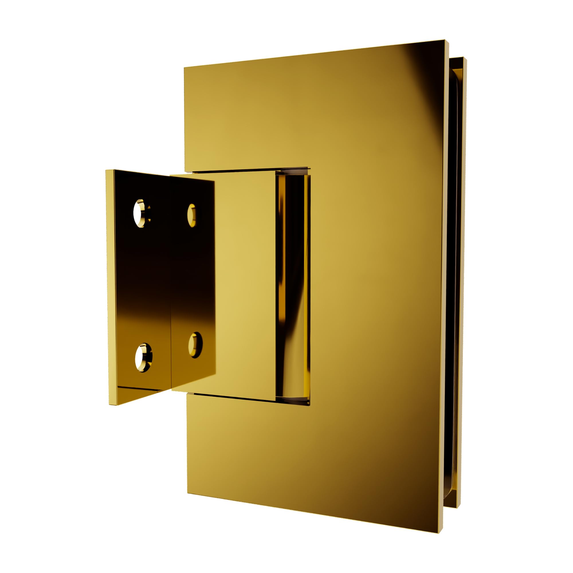 Brixwell Wall Mount Short Back Plate Hinge, Brass, Polished Brass Finish, 4" Height x 2-5/16" Width, Self-Centering 90 Degree in and Out Swing for 3/8" to 1/2" Glazing Thickness Shower Doors
