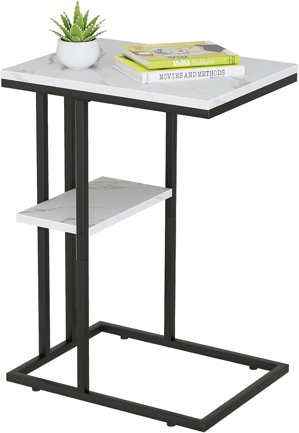 C Shaped End Table, Side Table, Sofa Table, Coffee Table Under Sofa, Small Couch Snack Tables, Bedside Tables with Metal Frame for Living Room, Bedroom, Office, Small Spaces, Easy Assembly (Black)