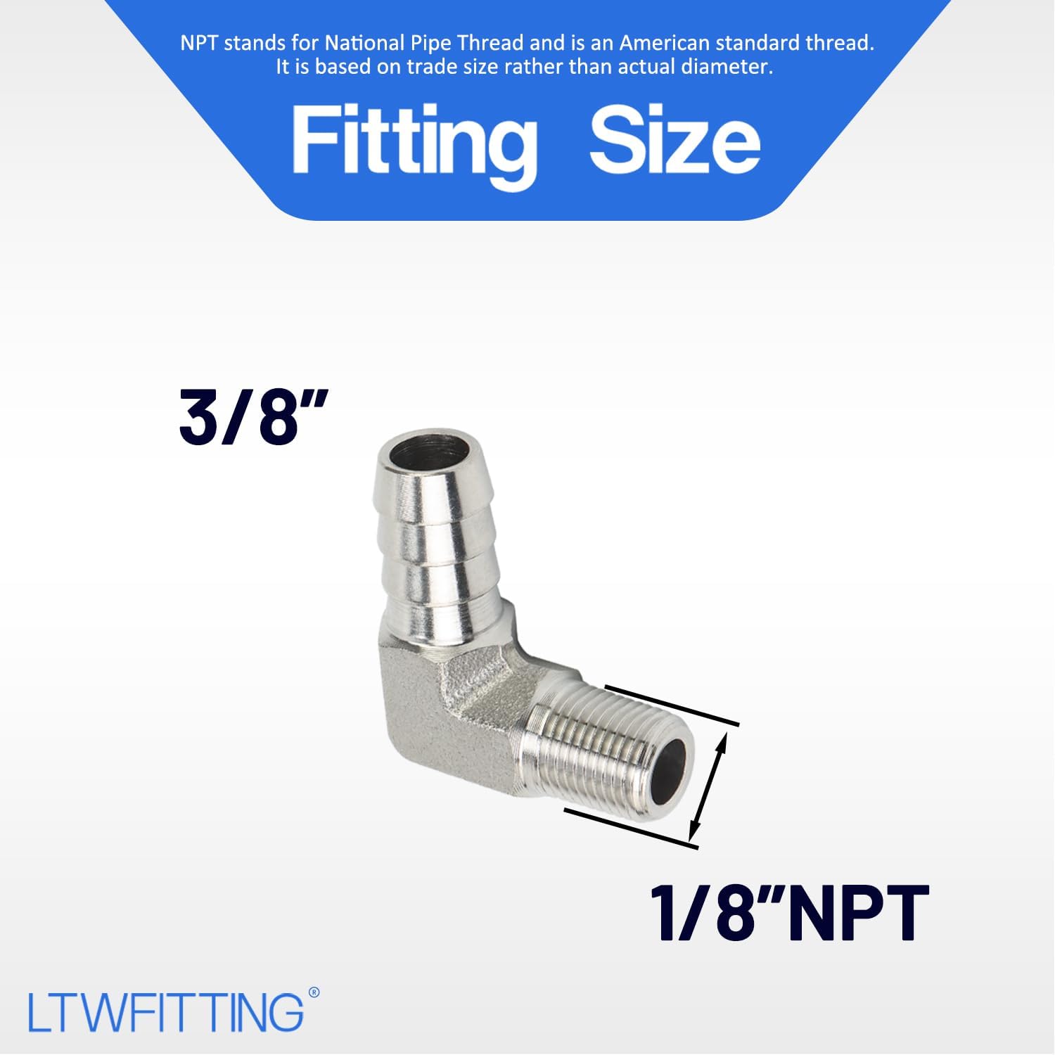 LTWFITTING 90 Degree Elbow Stainless Steel 316 Barb Fitting 3/8" ID Hose x 1/8" Male NPT Air Gas (Pack of 5)