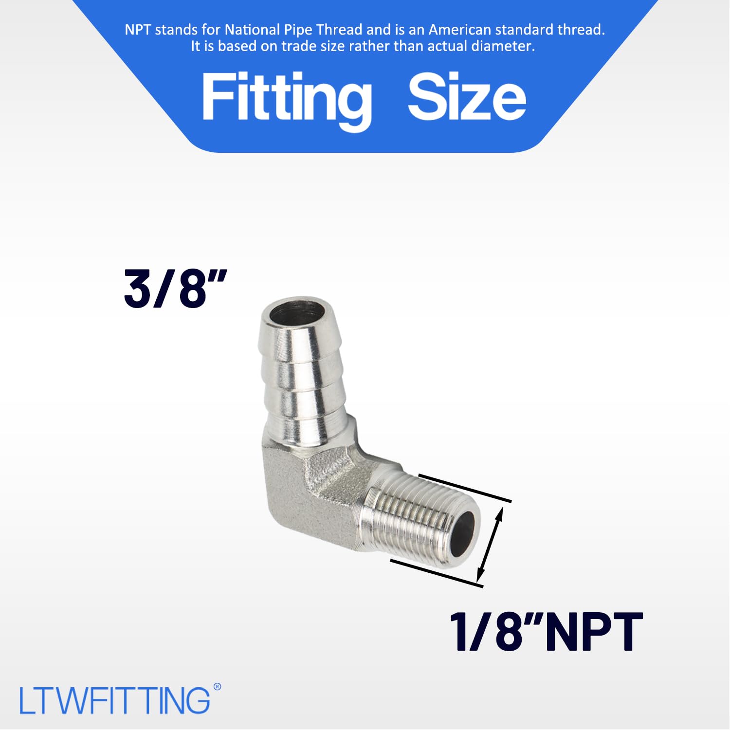 LTWFITTING 90 Degré Coude Barbillon Raccord 3/8" ID tuyau x 1/8" Mâle NPT Acier Inoxydable 316 de Tuyau (paquet de 5)