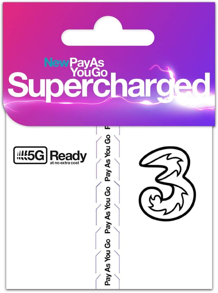 Three New Pay As You Go Supercharged Sim Card includes £20 Top up, 50GB Data, Unlimited calls & texts
