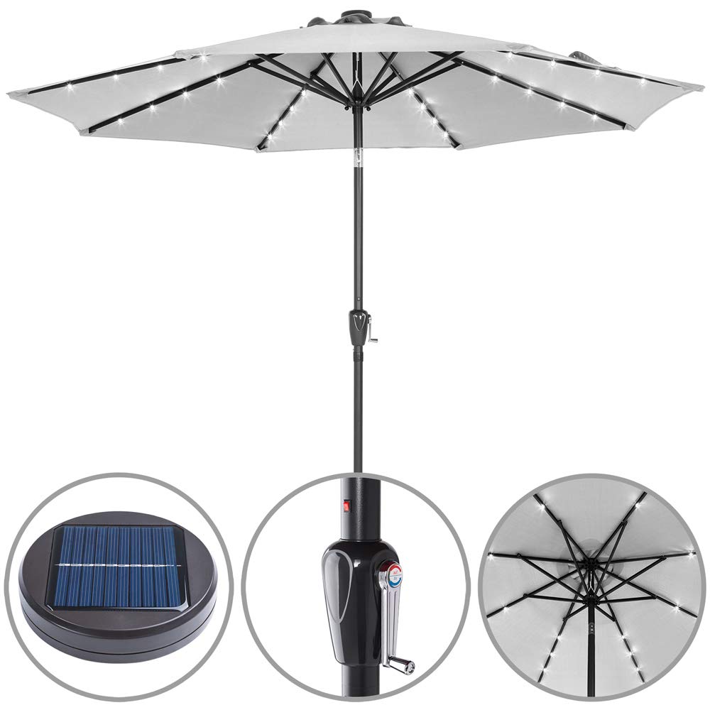 Kingsleeve® Parasol de jardin extérieur LED solaire 270cm gris clair Pare-soleil inclinable avec manivelle Protection UV 80+