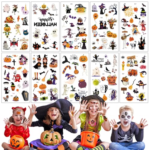 Tatuagens de Halloween para crianças, 10 folhas de tatuagens de Halloween, aproximadamente 120 designs diferentes de autocolantes de tatuagem, para meninos e meninas, favores de festa de Halloween