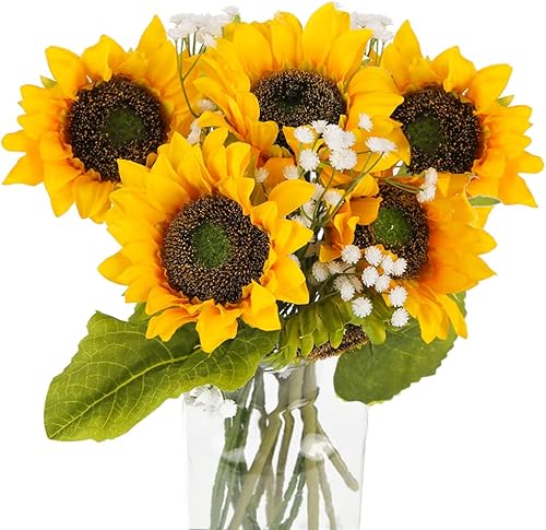 7 girasoles artificiales, girasoles falsos con 3 gypsophilas artificiales, decoración de girasol de seda sintética para decoración de Acción de