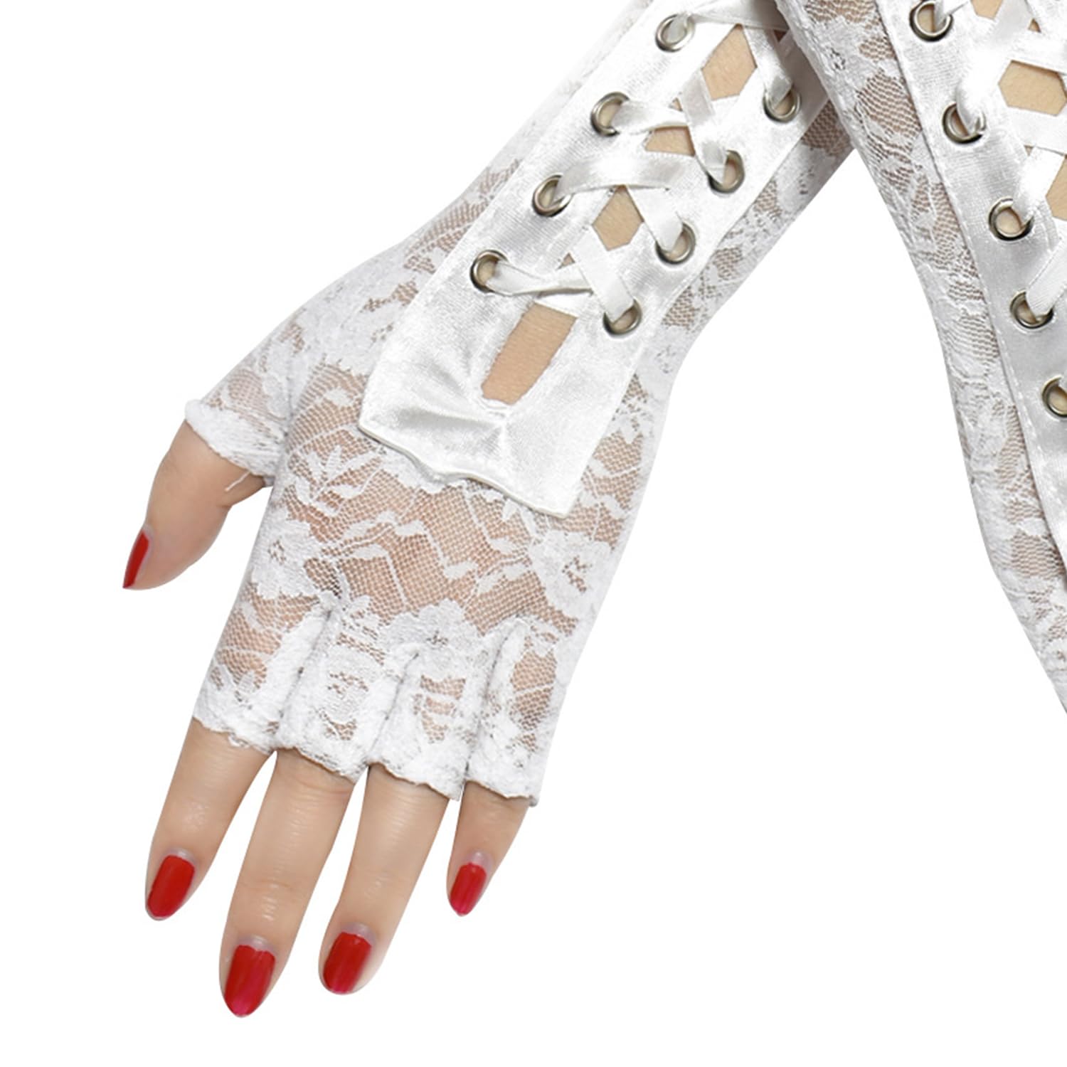 Sihaby Steampunk Lace Up Fingerless Gloves,Womens Lace Dress Gloves,Long Gothic Gloves for Costume Party Wedding Cosplay Cocktail Party - Image 3