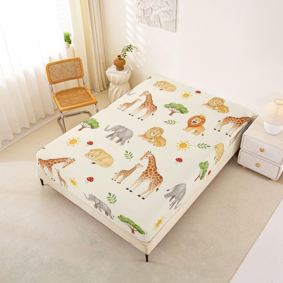 Zoo Animal Fitted Sheet Full Cartoon Lion Elephant Giraffe Bed Sheets Cute Kawaii Animals Bedding Set for Kids Boys Girls,Jungle Wild Animals Bed Cover 3 Pcs