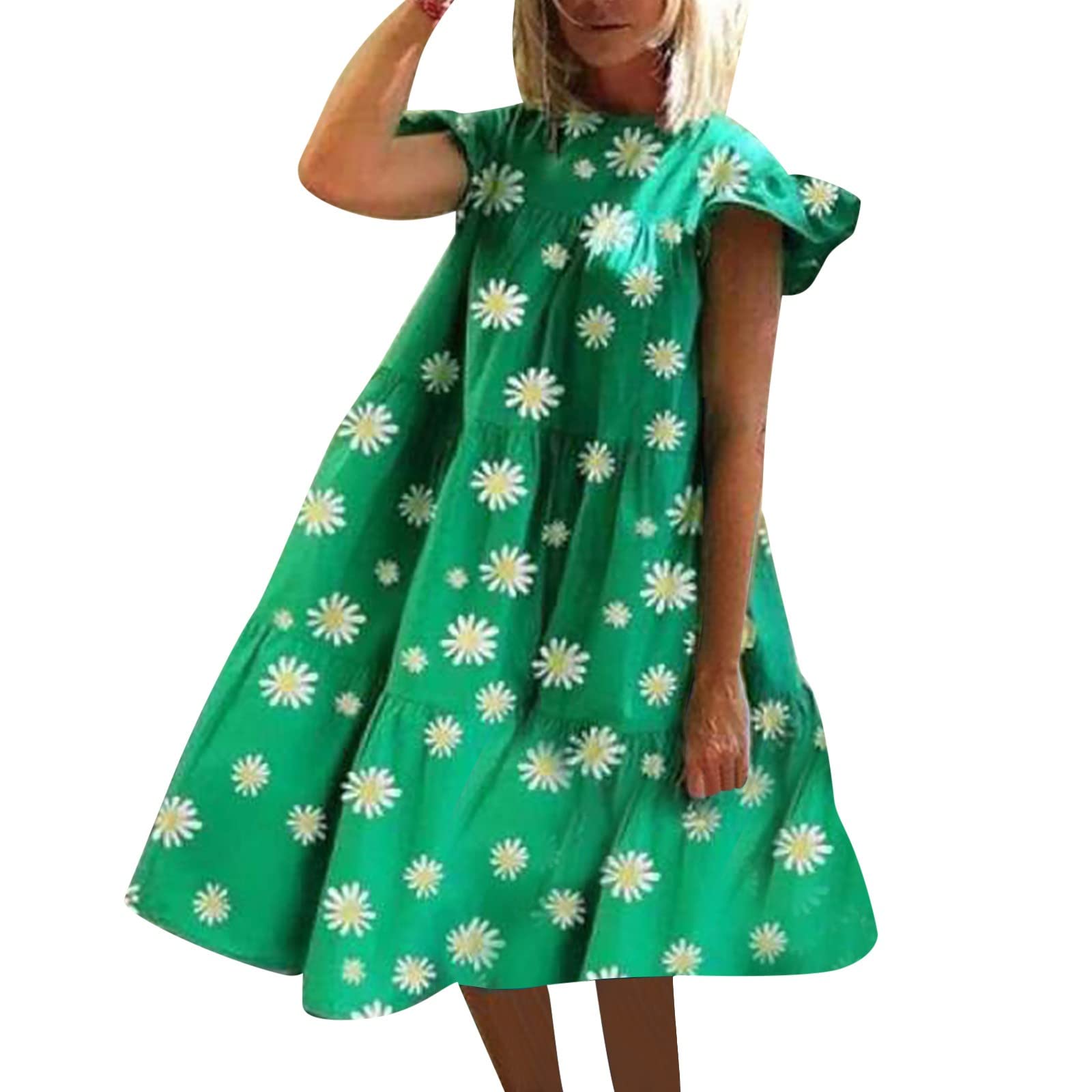 Ladies Summer Geometric Print Loose Comfy V Neck with Large Lace Up Party Style Dress Ruffle Hem Belt Suitable Dresses