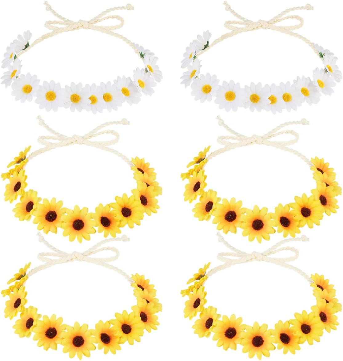 Frcolor Paquete de 6 diademas de girasoles, margaritas bohemias, diademas de flores, coronas para el pelo de girasol, para mujeres y niñas, diademas florales para fiestas hippies, bodas y festivales