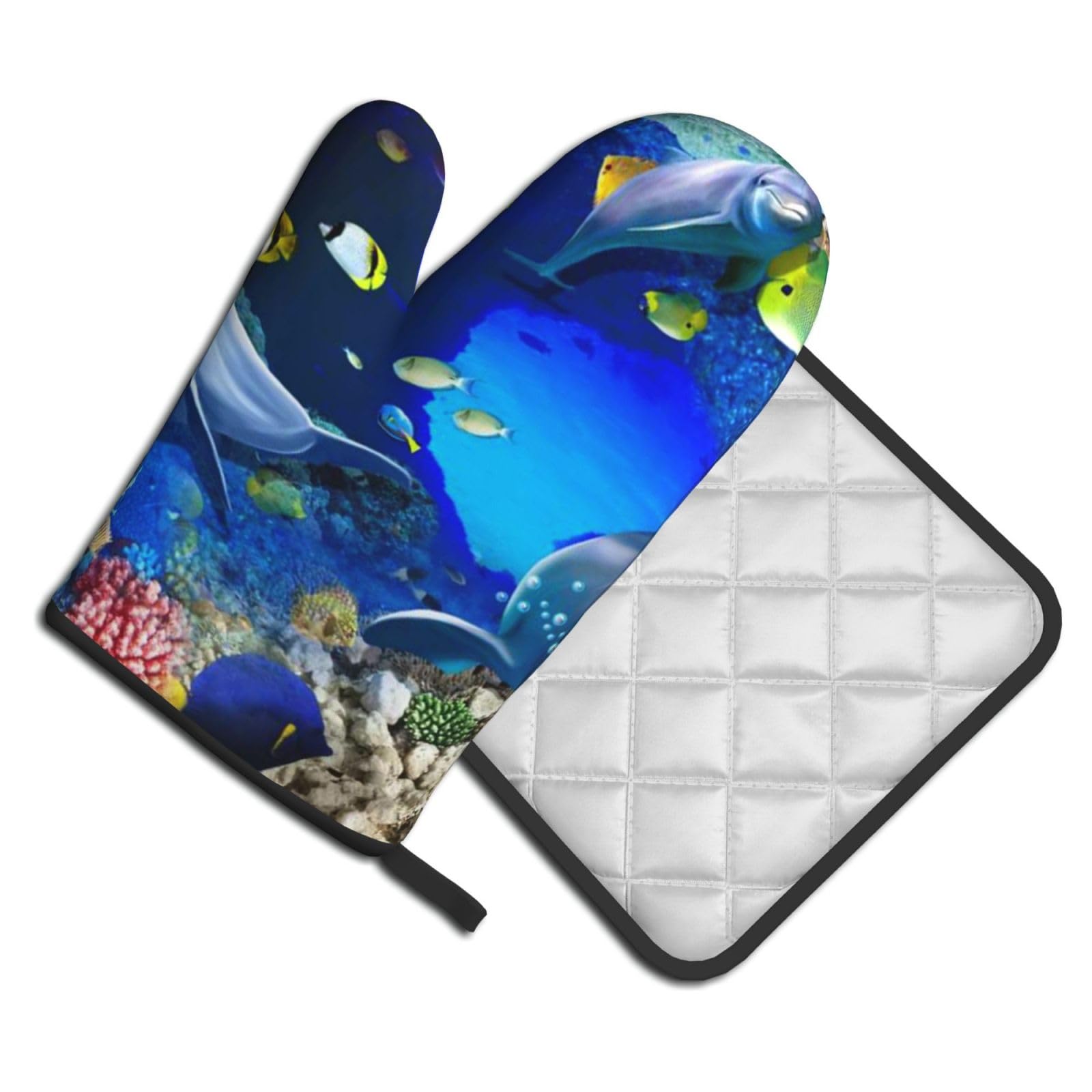 Oven Mitts and Pot Holders Set of 2 Pcs, Underwater World Dolphin Printed Heat Resistant Kitchen Gloves Potholders for Cooking Baking Grilling