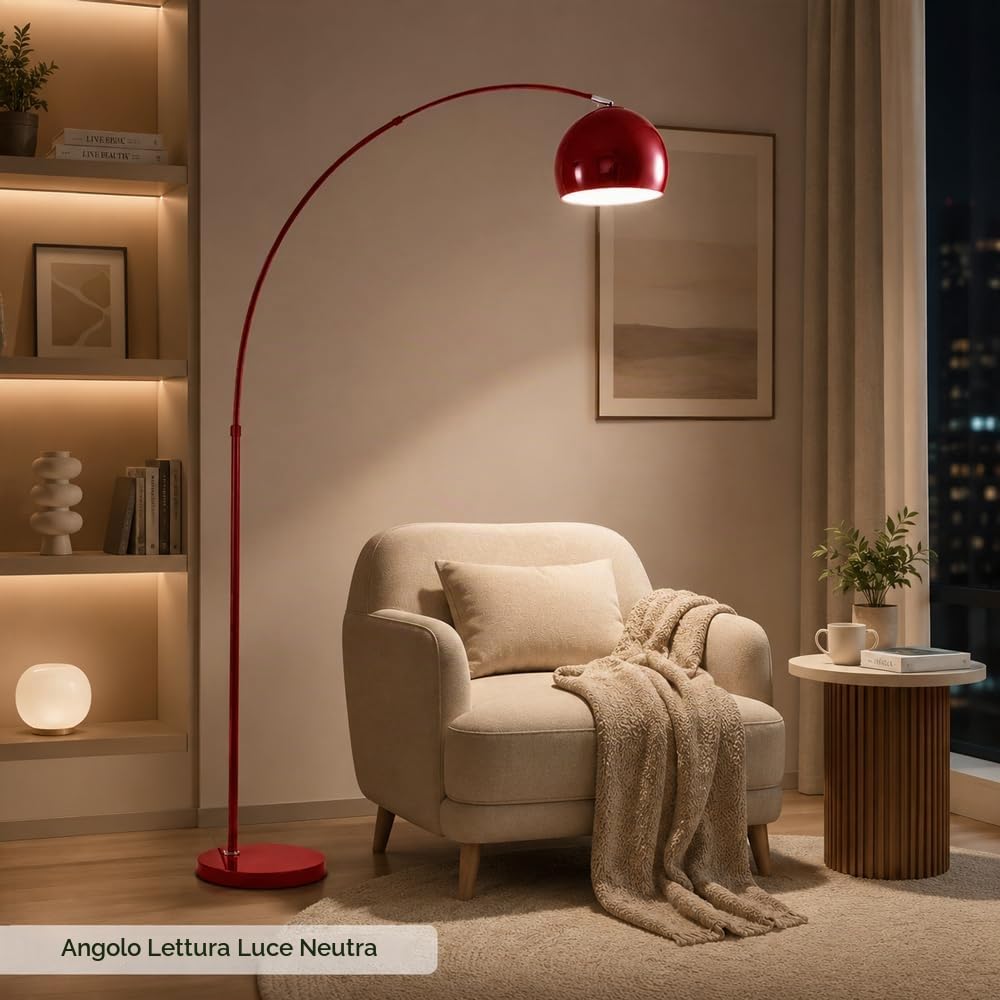 Lampada da terra moderna ad arco rosso, lampada da terra con braccio ad arco regolabile in altezza, luce da terra regolabile con dimmer a 3 colori e interruttore a pulsante, lampada da terra