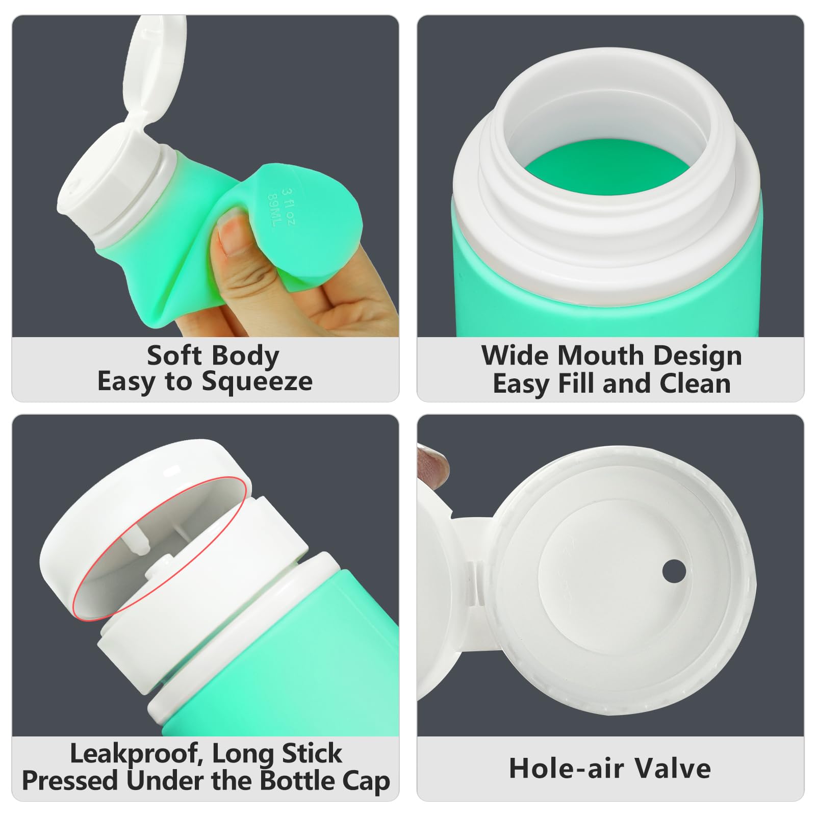 Yolaist Travel Bottles - 4 Pack TSA Approved Leakproof Silicone Portable Refillable Containers for Shampoo, Conditioner, Body Lotion, Soap (3oz/89ml)