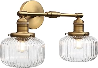 2-Lights Industrial Glass Wall Sconces, Antique Brass Clear Striped Glob...