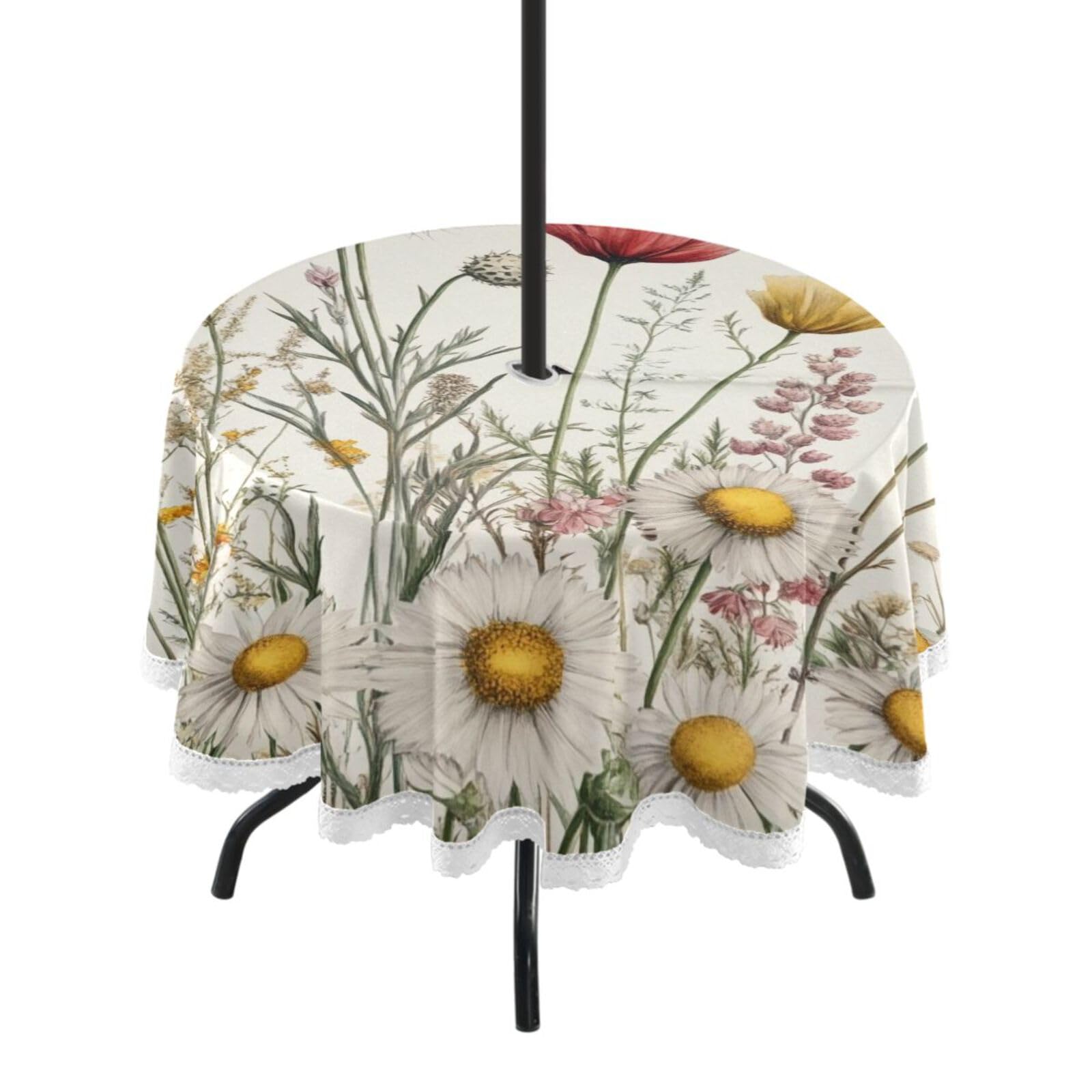 Ttgoth Wildflowers Outdoor Table Cloth 152 cm Water Stain & Resistan Tablecloth Wipeable Table Cover with Parasol Hole & Zipper for Garden Patio Party Picnic
