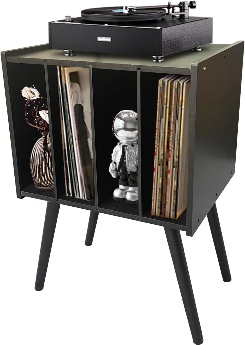 Soporte para tocadiscos de bambú con 4 gabinetes con capacidad para hasta 100 vinilos, álbumes, mesa de almacenamiento de vinilo de mediados de
