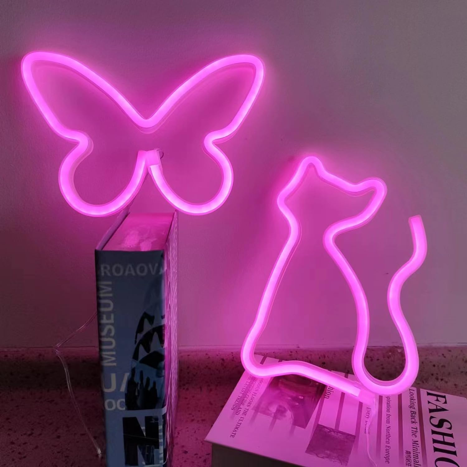Battery Operated Butterfly Neon Signs Pink Cat Led Neon Night Lights for Bedroom Colleage Apartment Dorm Wall Decor,Decorative Night Lamps Ornaments for Teens Girls Kids Christmas Party — image 1