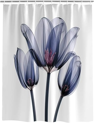 Miniatura 2 de Cortina de ducha, fotografía abstracta de tulipanes de flores azules transparentes, juego de cortina de ducha de tela impermeable con 12 ganchos,