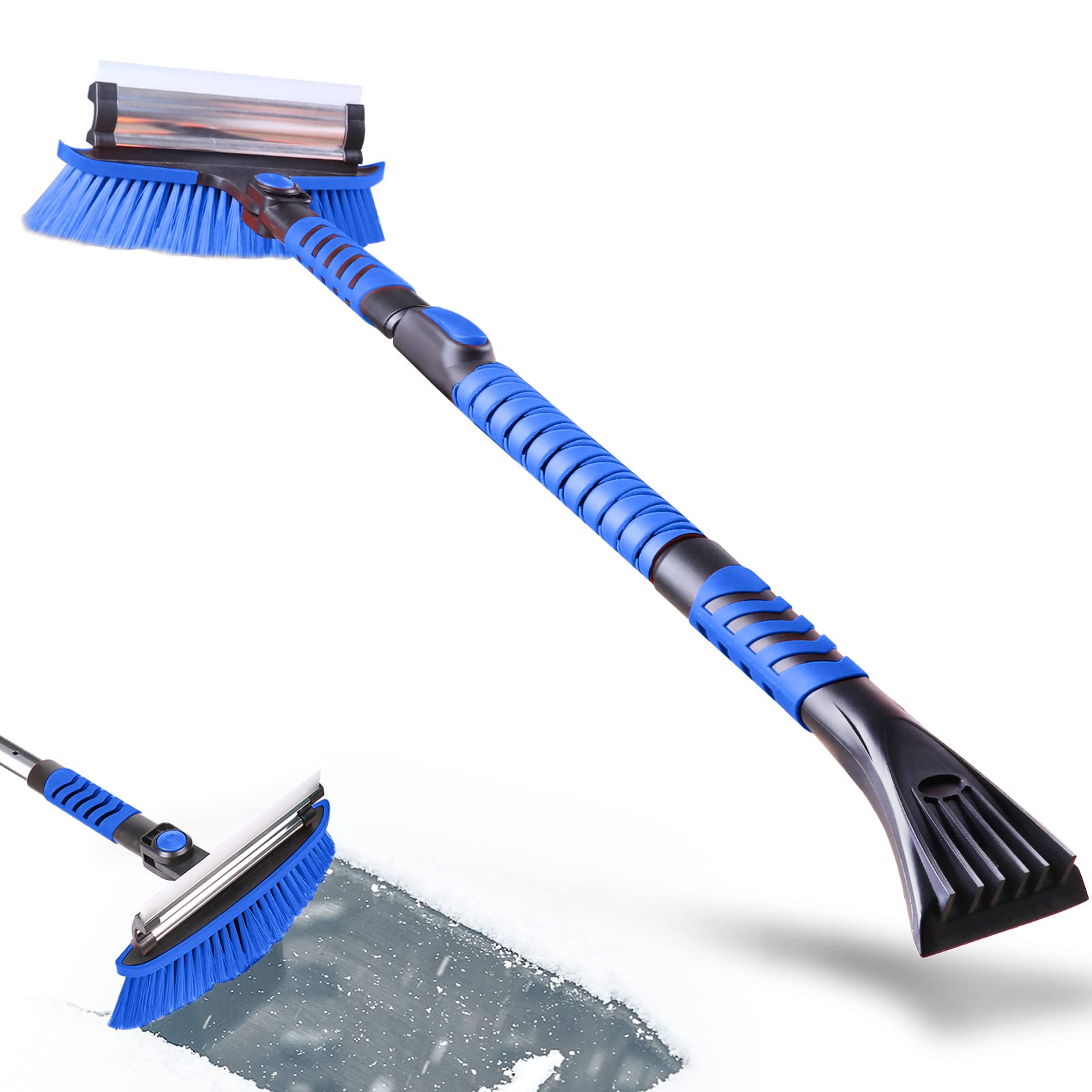 41" Snow Brush and Ice Scraper, Ice Scrapers for Car Windshield, 3 in 1 Sturdy Snow Brush with Squeegee, Extendable Aluminum Handle, Ergonomic Foam Grip 180?? Pivoting Snow Scraper for Car, Truck, SUV
