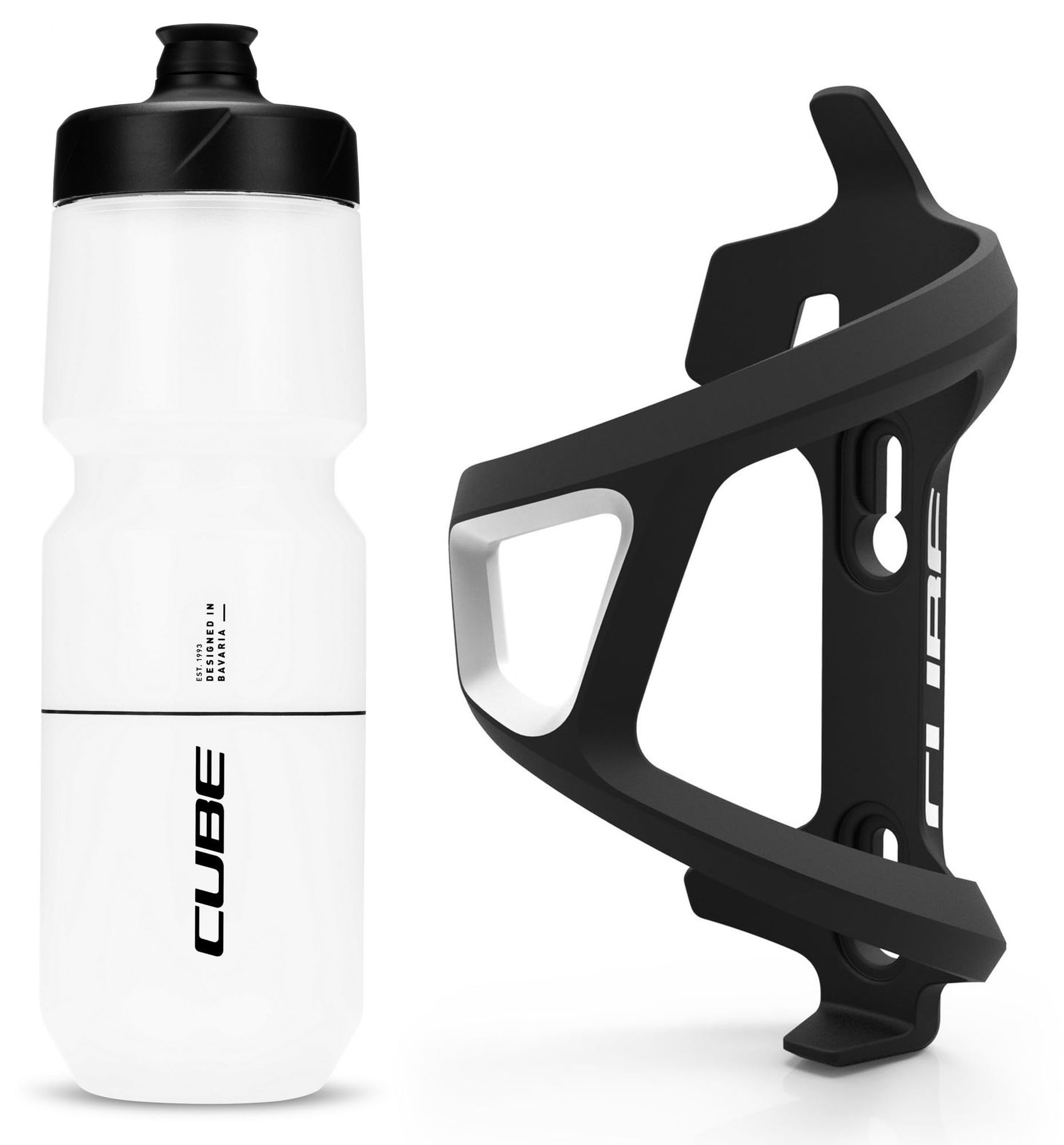 Cube HPP Left Side Loading Cage - Black & Flow Bottle - Clear, 750ml / Lightweight Bicycle Cycling Cycle Bike MTB Mountain Road Water Drink Flask Bidon Bracket Mount Holder HPA HPP Set Accessories