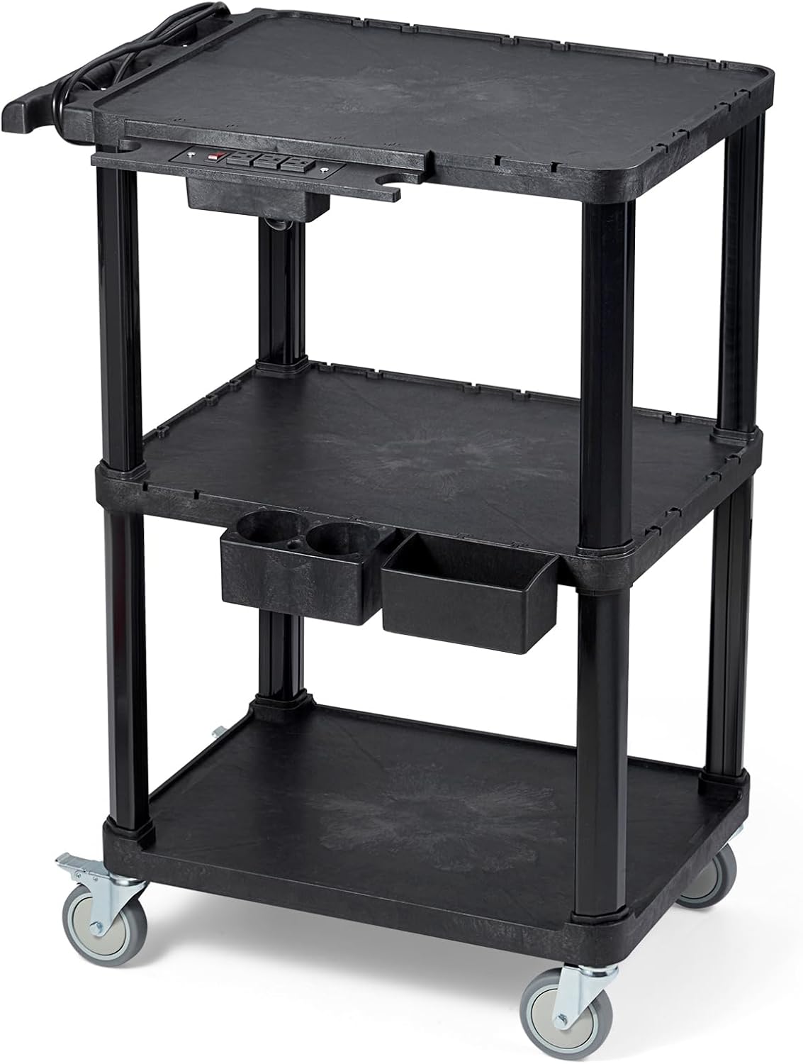 ELAFROS Heavy Duty 3-Tier AV Cart with Power Strip, 27.5 x 18.25 Inch, Industrial Plastic, 330 lbs Capacity, Flat Top Shelves with Swivel Wheels – Multipurpose Rolling cart