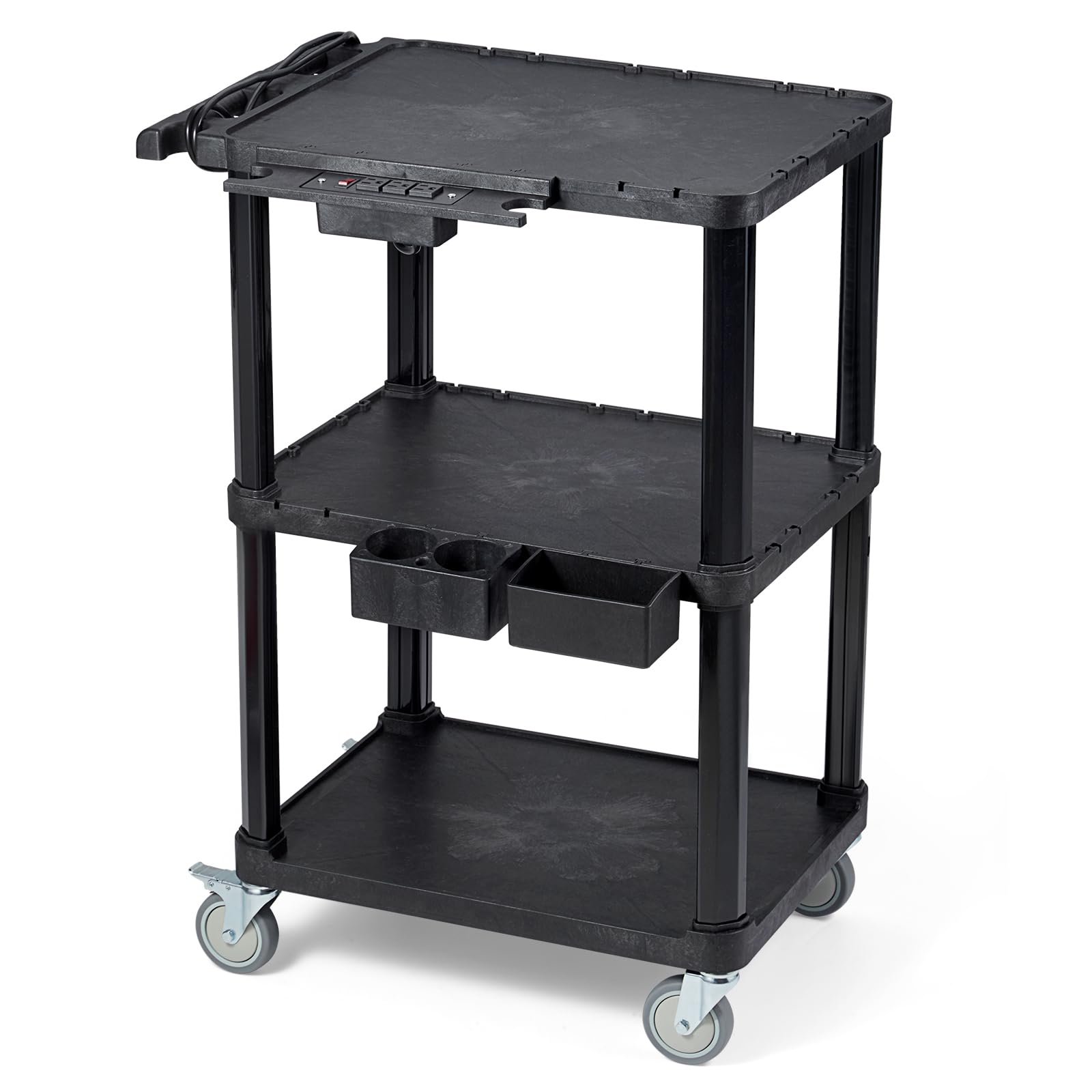 ELAFROS Heavy Duty 3-Tier AV Cart with Power Strip, 27.5 x 18.25 Inch, Industrial Plastic, 330 lbs Capacity, Flat Top Shelves with Swivel Wheels – Multipurpose Rolling cart