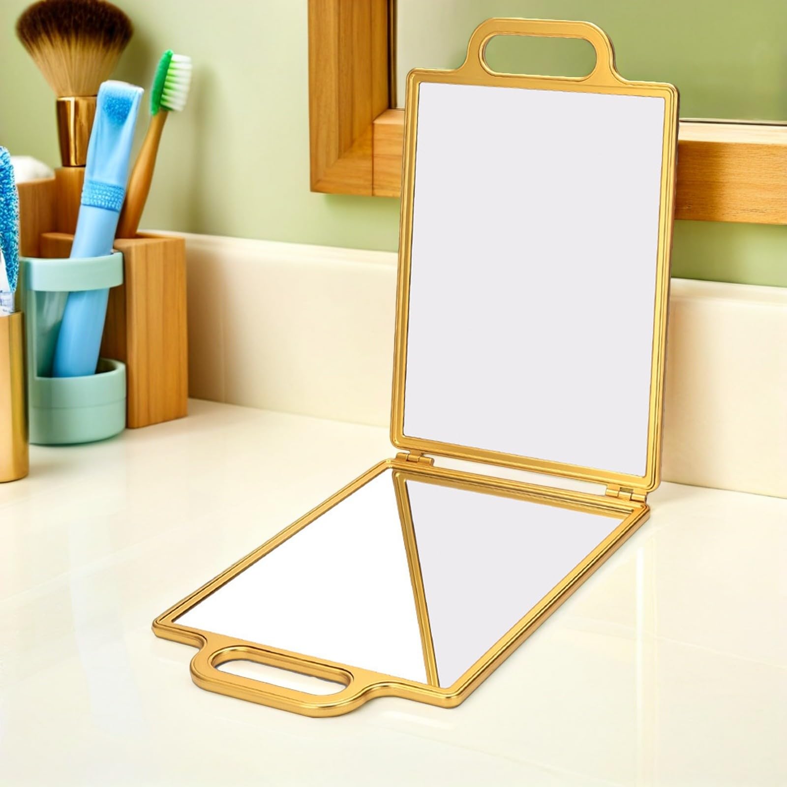 Specchio da Portatile Oro con Design Doppio Lato Pieghevole e Vetro, Specchio da Viaggio Compatto per Taglio Chioma e Styling Personale