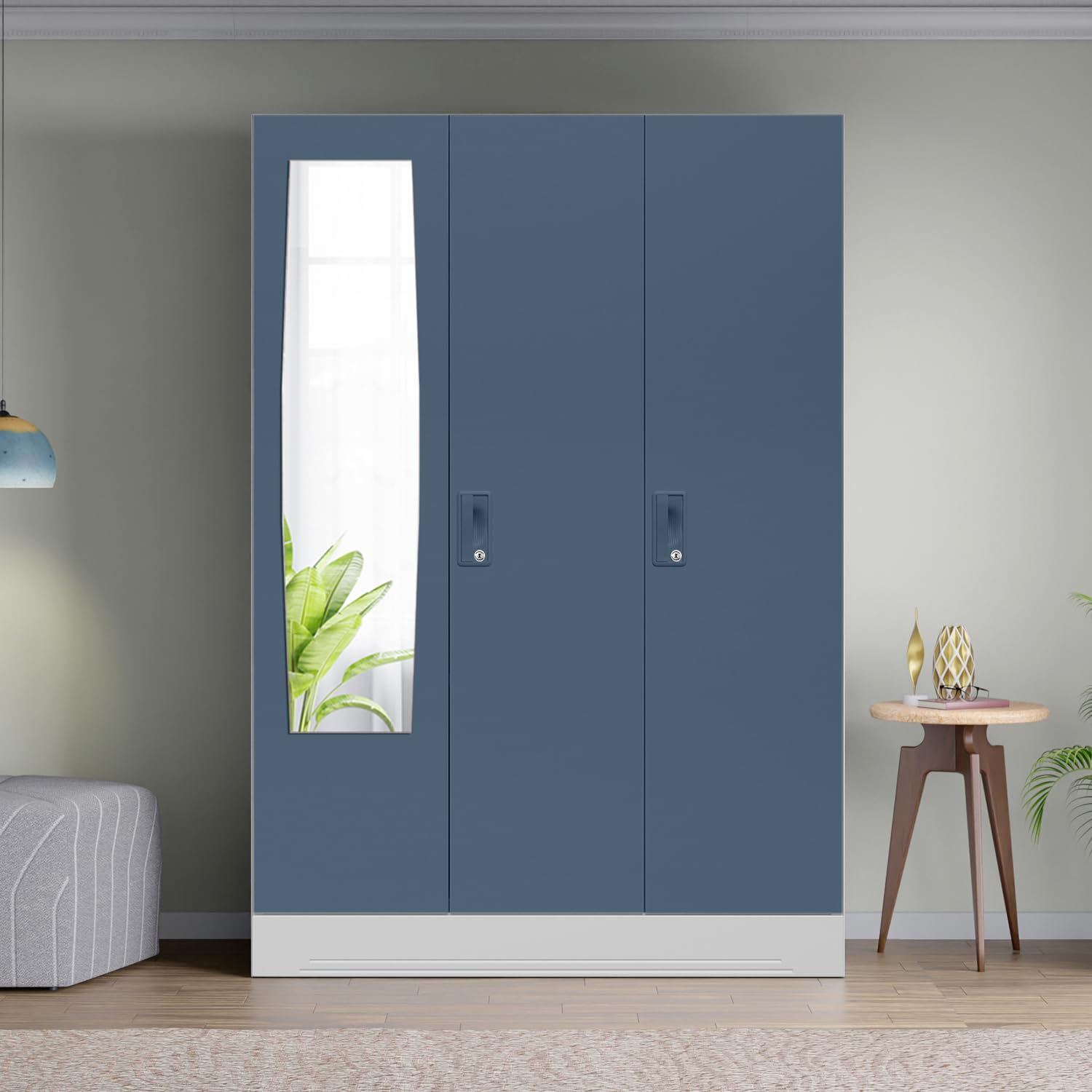 Interio by Godrej Slimline 3-Door Steel Almirah with Plain Mirror (Blue Fusion), 1-Year Warranty, 1 Locker, 2 Drawers-image-47
