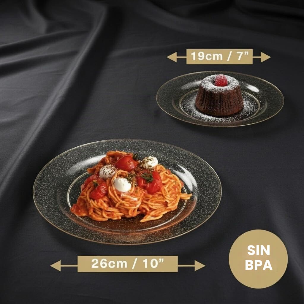 MATANA 120 Elegantes Platos de Plástico Duro con Purpurina Dorada (2 Tamaños) - Platos Dorados, Vajilla de Plástico Resistente y Reutilizable para Bodas, Cumpleaños, Fiesta