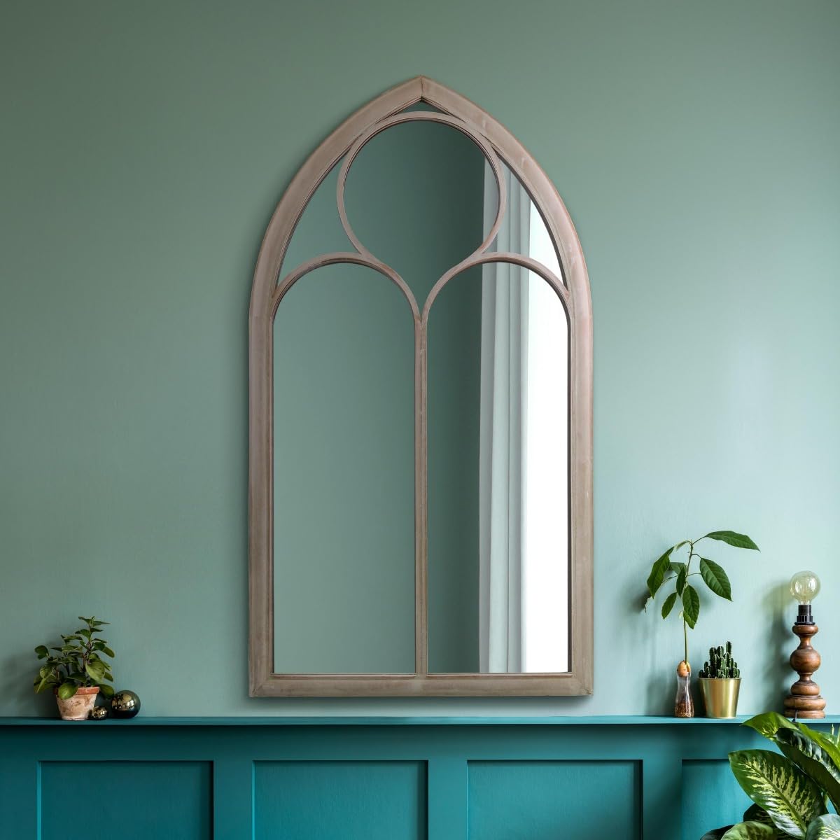 MirrorOutlet Rustic Metal Chapel Arched Wall Mirror - Stone Colour - 111cm x 61cm