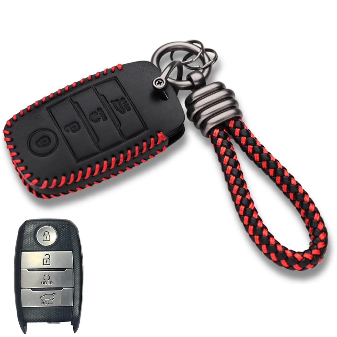 Keycept™ Classic Leather Key Cover Compatible for Kia Seltos | Kia Sonet | Kia Carens | Sonet HTX | Facelift in Year 2019, 2020, 2021, 2022 4 Button Smart Key with Keychain (Type 3).